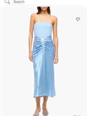 STAUD Strapless Satin Midi Dress in Powder Blue